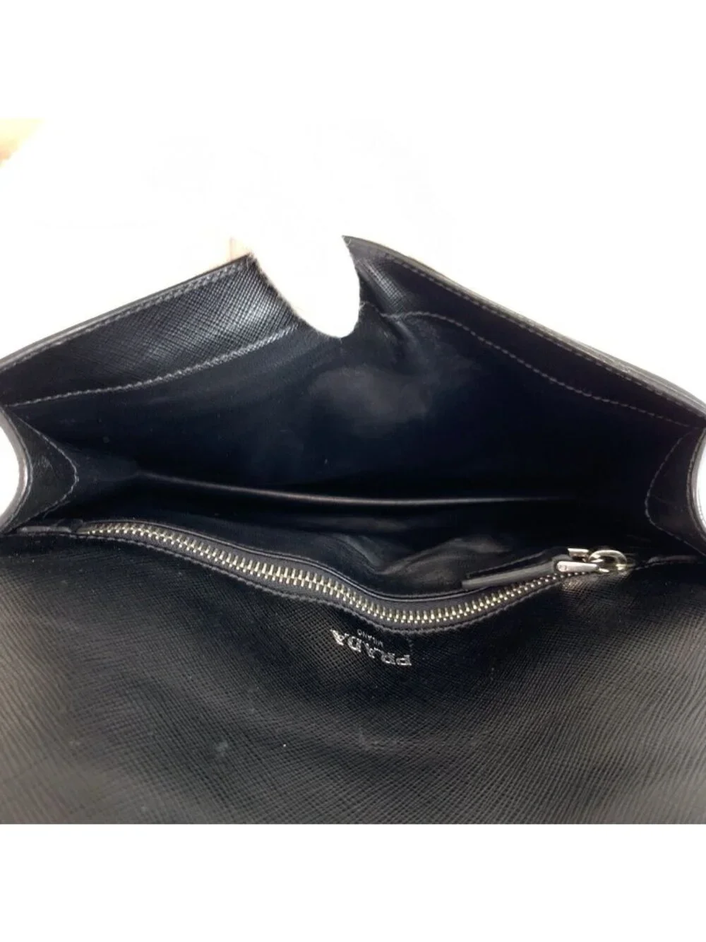 Prada Saffiano Black Silver Leather Clutch
